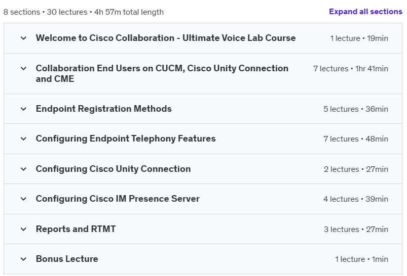 Course topics · Udemy — Cisco Collaboration Lab Course For CUCM CLCOR SIP CLTECH IMP 2024-2