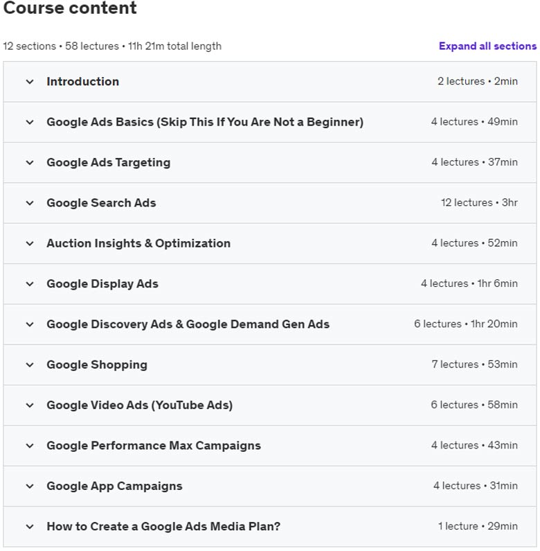 Course topics · Udemy — Complete Google Ads Course | Hands on Google Ads & PPC 2024 2023-6