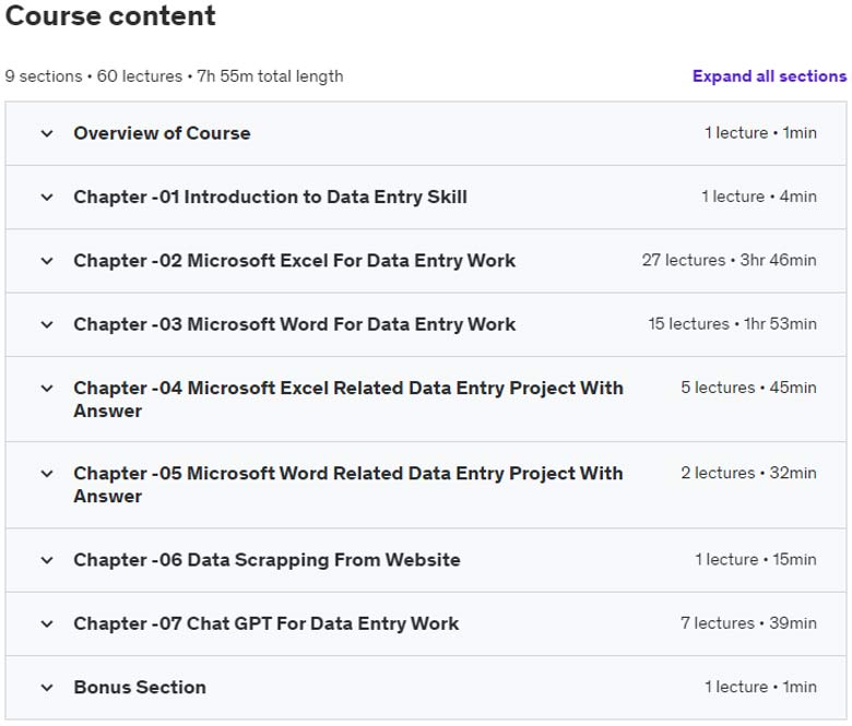 Course topics · Udemy — Data Entry Course For Beginners to Advanced 2023-9