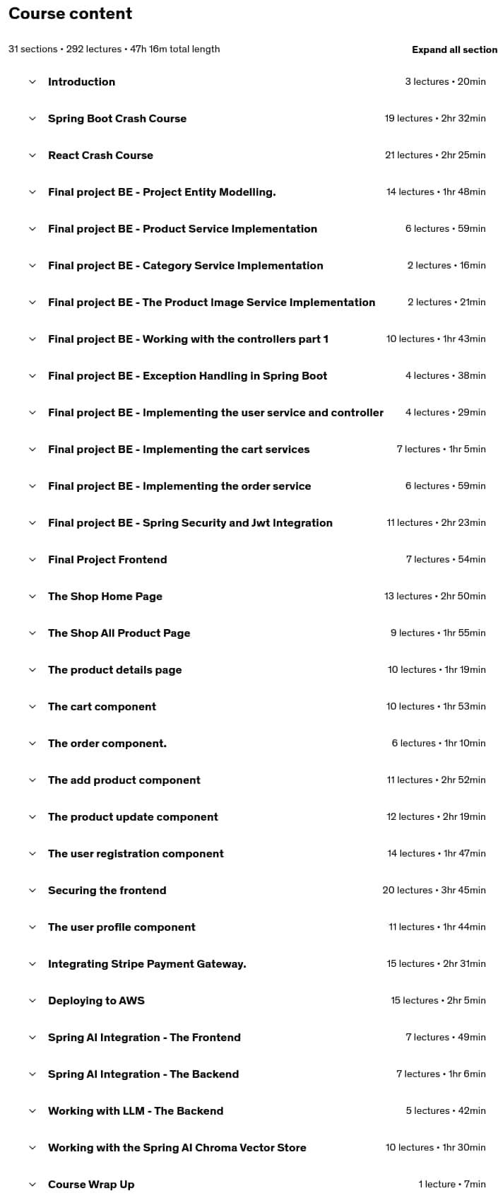 Course topics · Java Full Stack(Spring Boot, Spring AI, React, Stripe, AWS ) 2025-7