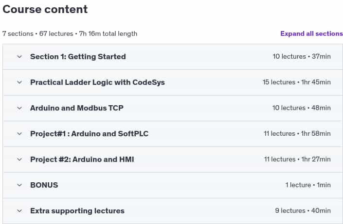 Course topics · Udemy — PLC, Arduino and HMI Projects over Modbus TCP: From Scratch 2023-9