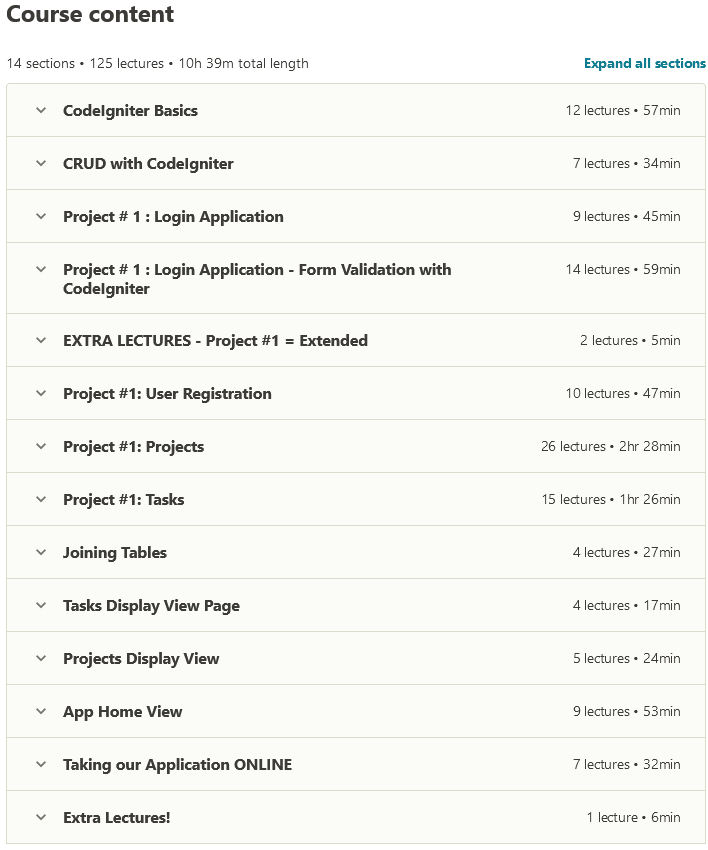 Course topics · Udemy — PHP MVC Framework CodeIgniter Tutorial for Beginners Project 2021-1