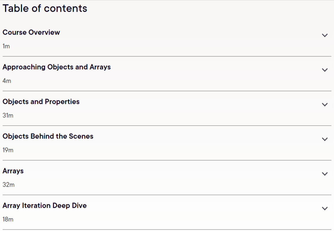 Course topics · Pluralsight — Arrays and Objects in JavaScript 2016-6
