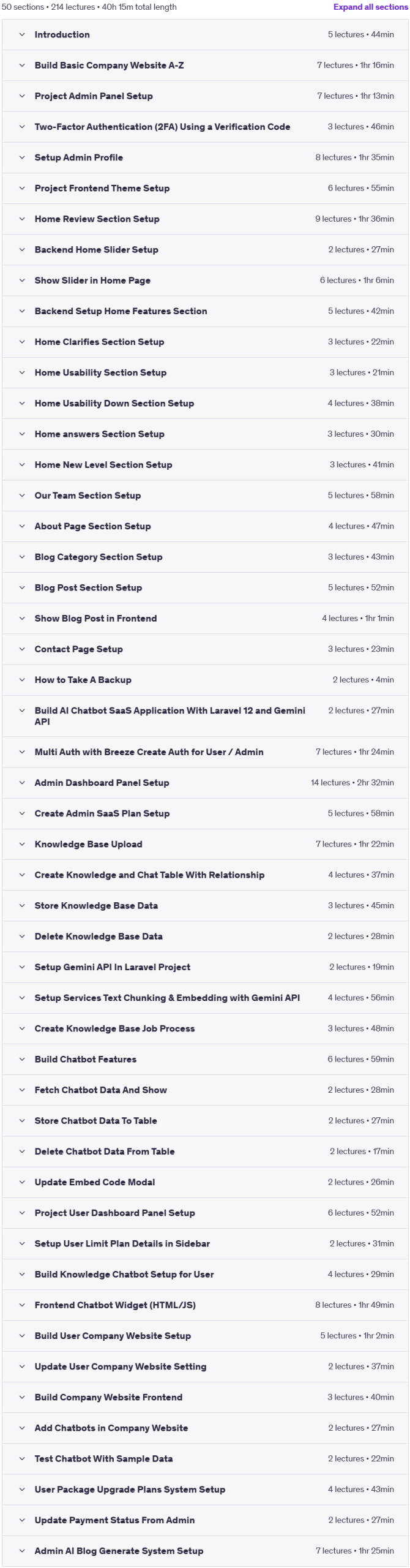 Course topics · Udemy — Build AI Agent Chatbot SaaS with Laravel 12 & Gemini API 2025-7