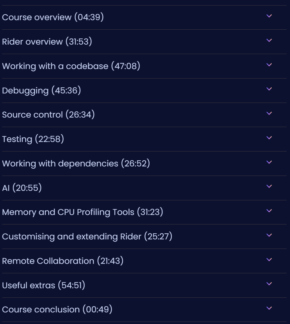 Course topics · Dometrain — From Zero to Hero: JetBrains Rider 2025-1