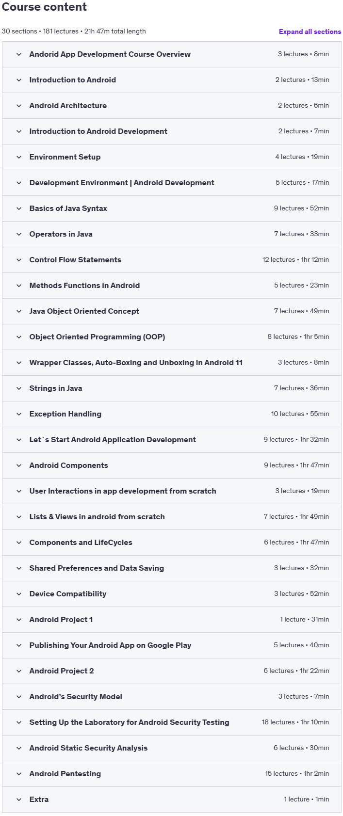 Course topics · Udemy — Android App Development & Android Hacking, Android Security 2025-1