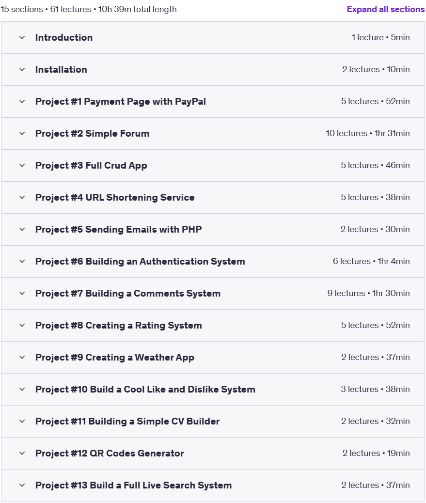 Course topics · Build 13 Projects with PHP MySQL Bootstrap and PDO 2024-8
