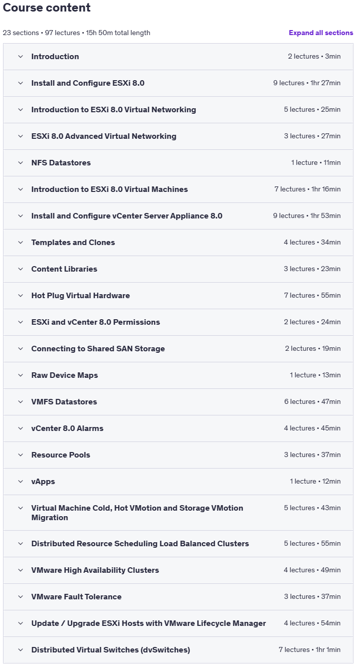 Temas del curso · El VMware vSphere 8.0 El VCP-DCV 100% HANDS-ON LAB Demo videos 2025-3