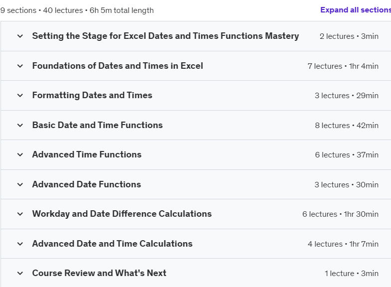 Course topics · Udemy — Mastering Date and Time Functions and Formulas in Excel 2024-9