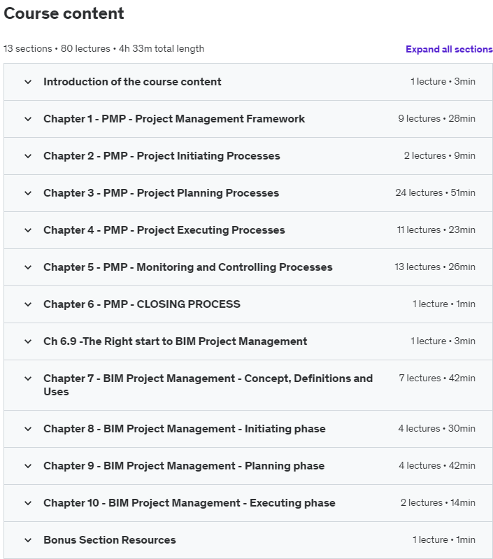 Course topics · Udemy — Diploma in (BIM) and Project Management Professional (PMP) 2020-8