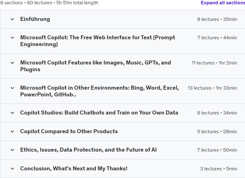 Course topics · Udemy — Microsoft Copilot: AI in Excel, Word, PowerPoint & More 2024-2