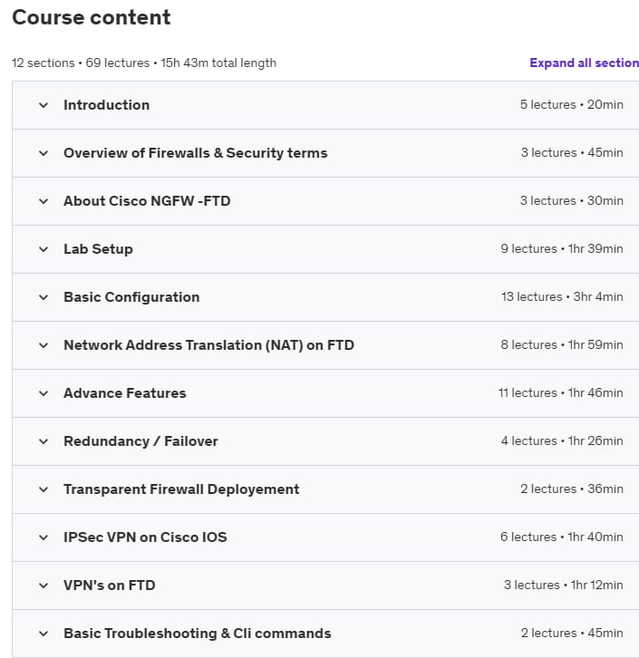 Course topics · Udemy — Cisco FirePower (FTD) Firewall Training – Part 1/2 2024-1