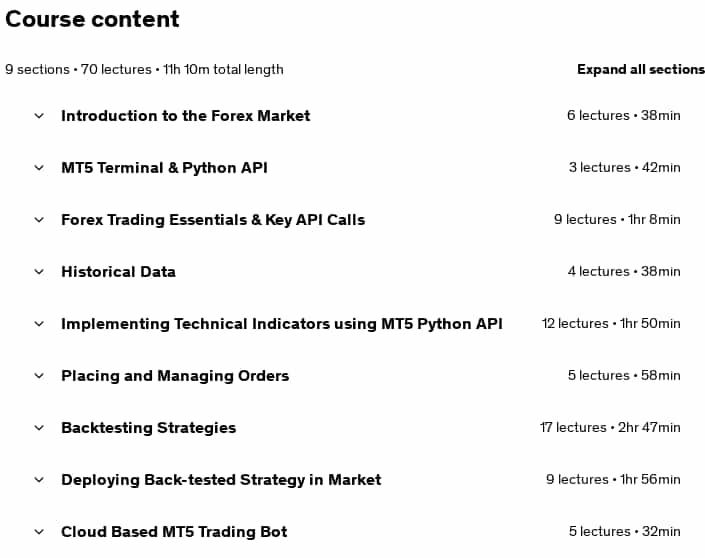 Course topics · Algorithmic Forex Trading with MT5 Python API 2024-8