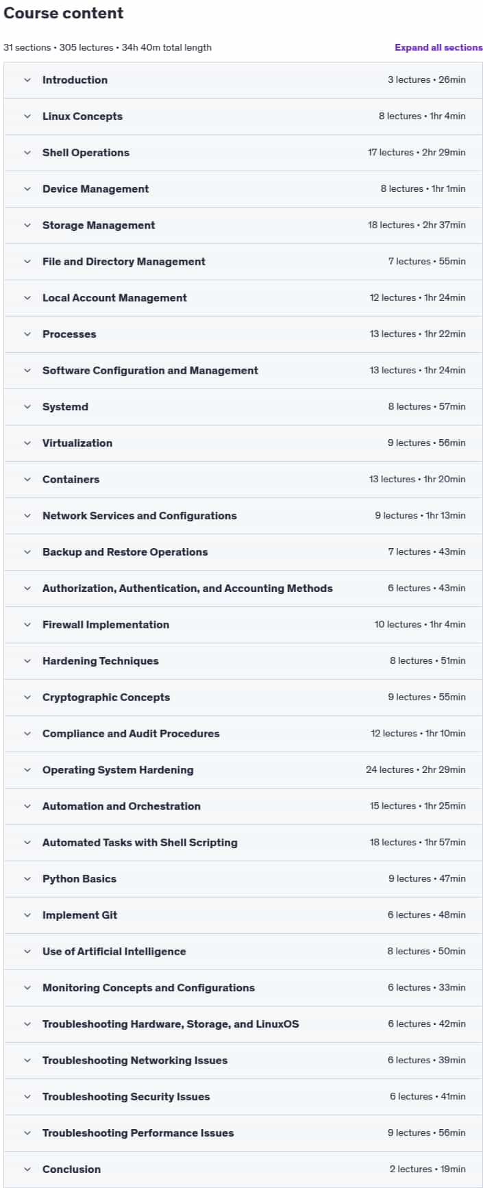 Course topics · Udemy — CompTIA Linux+ (XK0-006) Complete Course & Exam 2025-8