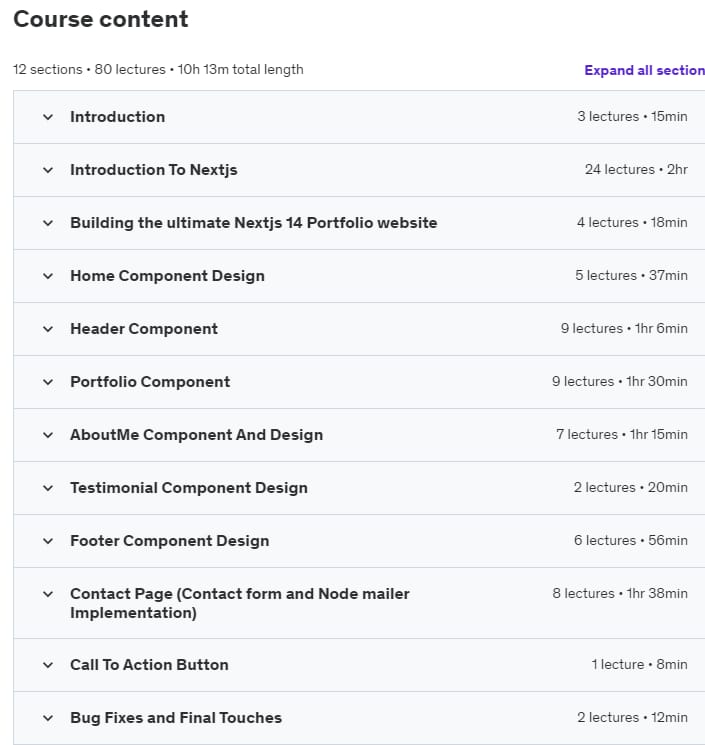 Course topics · Udemy — Ultimate Next.js 14 Portfolio Website (Zero To Hero) 2024 2024-2