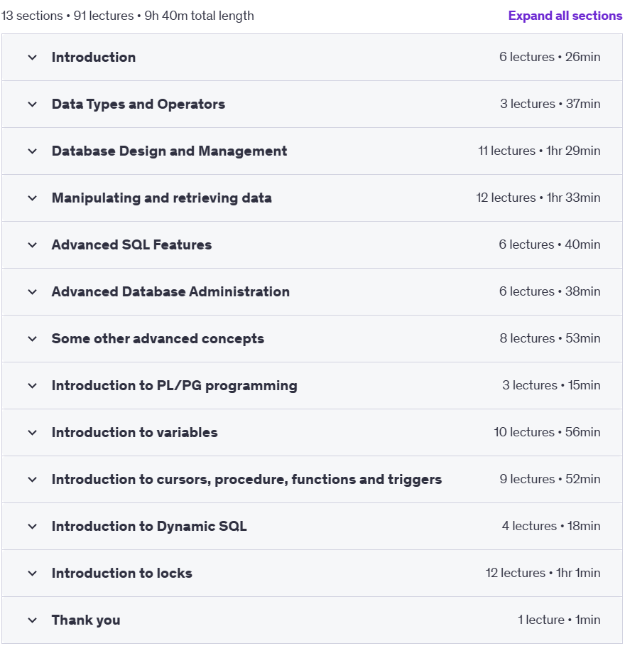 Course topics · The Complete Beginner to Advanced PostgreSQL Course 2024 2024-3