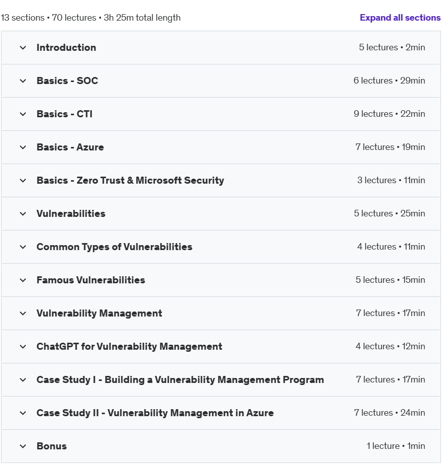 Course topics · Udemy — Vulnerability Management 2025-1