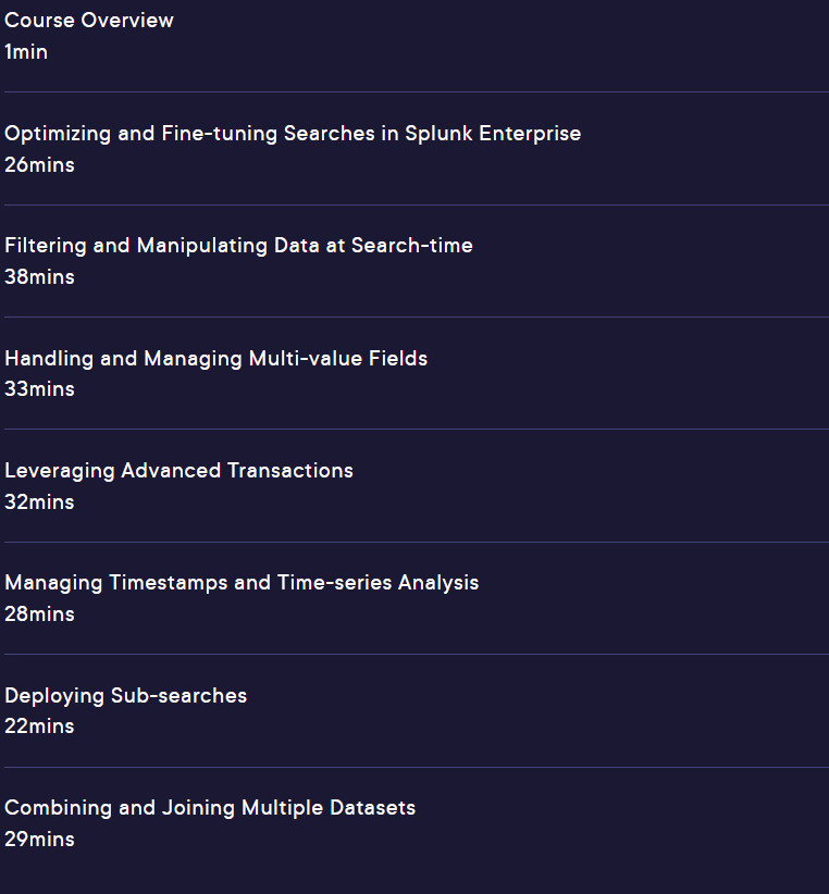 Course topics · Pluralsight — Advanced Searching and Reporting with Splunk Enterprise 2024-10