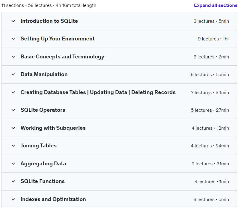 Course topics · Mastering SQLite: From Fundamentals to Advanced Techniques 2024-7