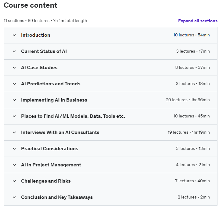 Course topics · Udemy — Artificial Intelligence for Business Managers: ChatGPT to AI 2024-5