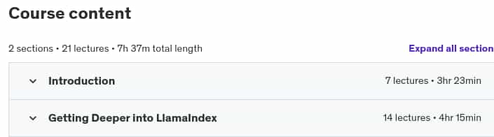 Course topics · Udemy — Gen AI – RAG Application Development using LlamaIndex 2024-5
