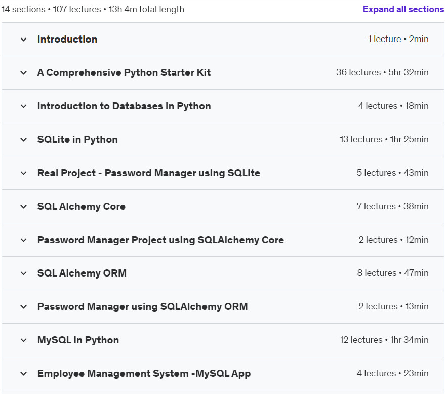 Course topics · Python Database Course: SQLite, PostgreSQL, MySQL,SQLAlchemy 2023-12