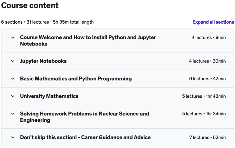 Course topics · Udemy — Python for Nuclear Science and Engineering 2023-1