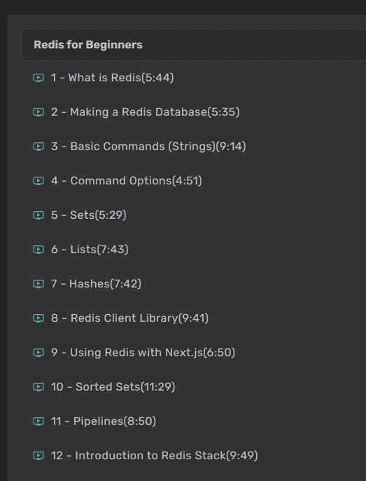 Course topics · Net Ninja — Redis for Beginners 2024-8
