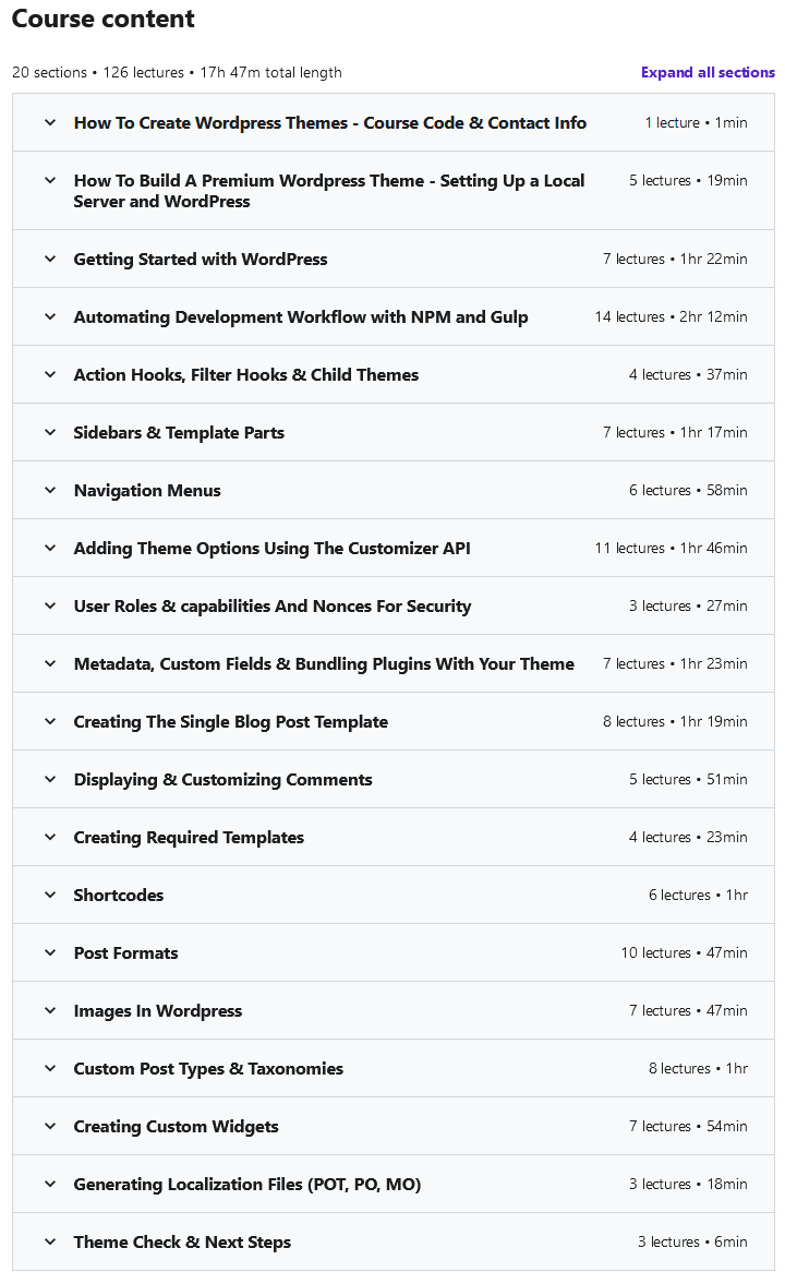 Course topics · The Complete Guide to Building Premium WordPress Themes 2021-2