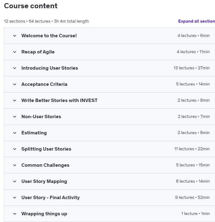Course topics · Udemy — User Story Masterclass: Your Agile Guide to User Stories 2022-8