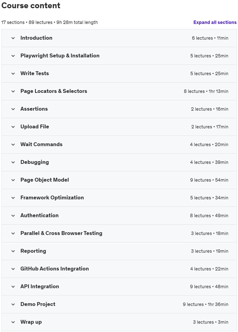 Course topics · Playwright – Complete Beginner Course 2024 (UI + API) 2023-11