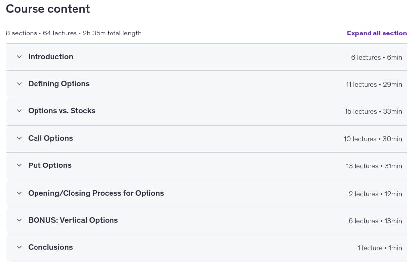 Course topics · Options Trading for Rookies: Understand Options Completely 2026-1