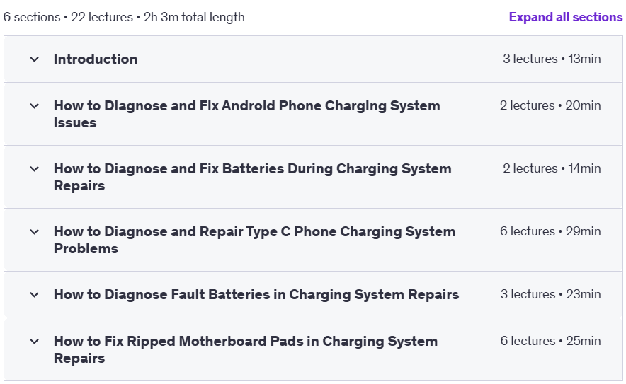 Course topics · Udemy — Mastering Phone Charging System Repairs from Beginner to Pro 2024-8