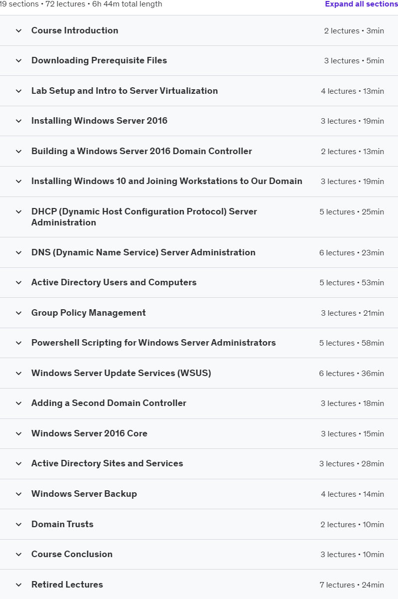 Course topics · Udemy — Microsoft Windows Server 2016 Training for Beginners 2019-2