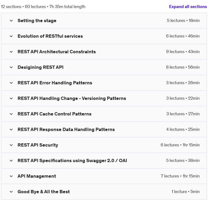 Course topics · Udemy — REST API Design, Development & Management 2020-8