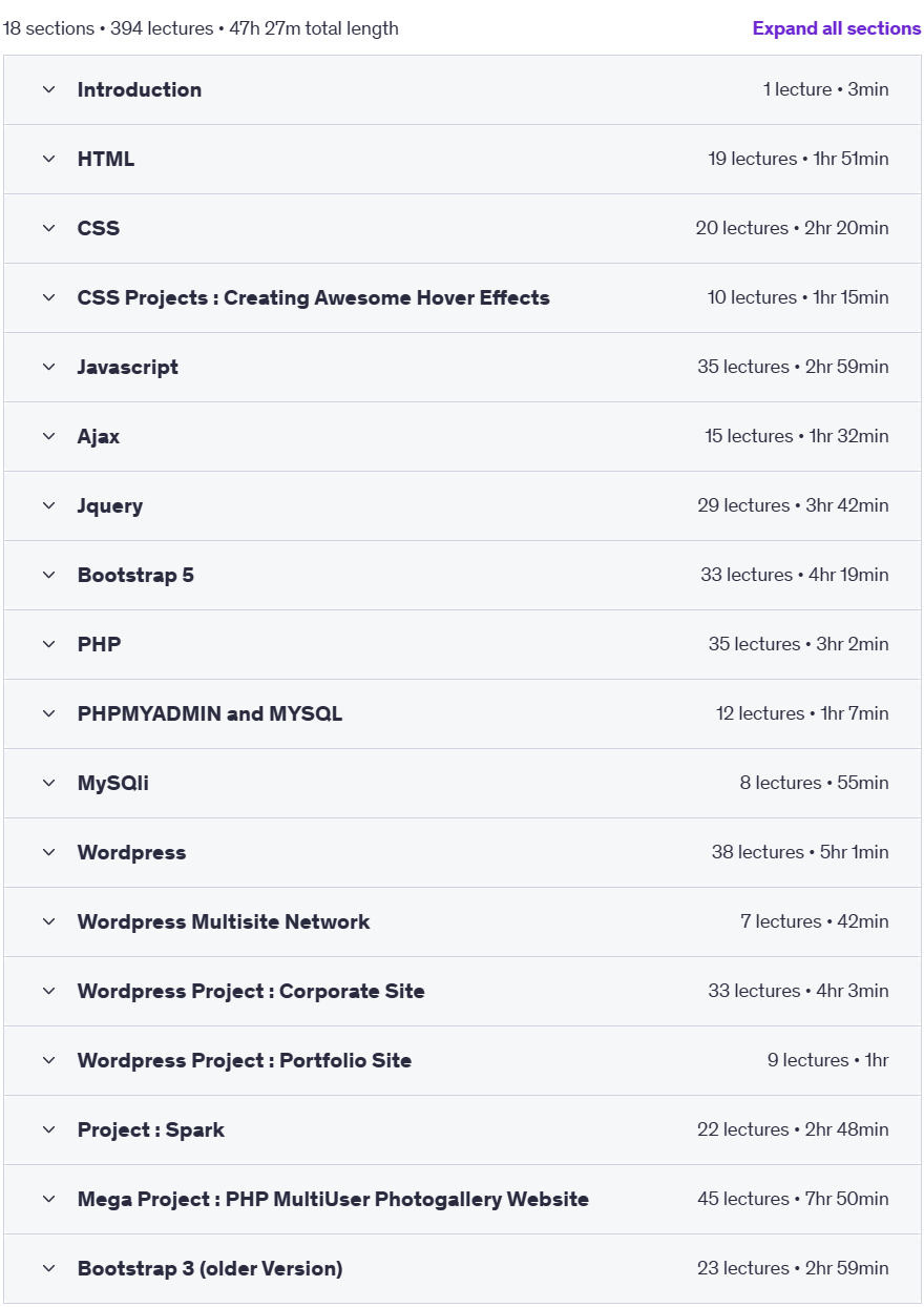 Course topics · The Most Comprehensive Web Development Course 2023-11