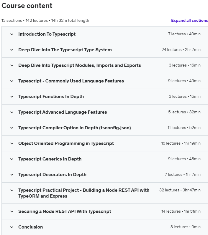 Course topics · Udemy — Typescript Bootcamp: Beginner To Advanced (2023 Edition) 2023-8