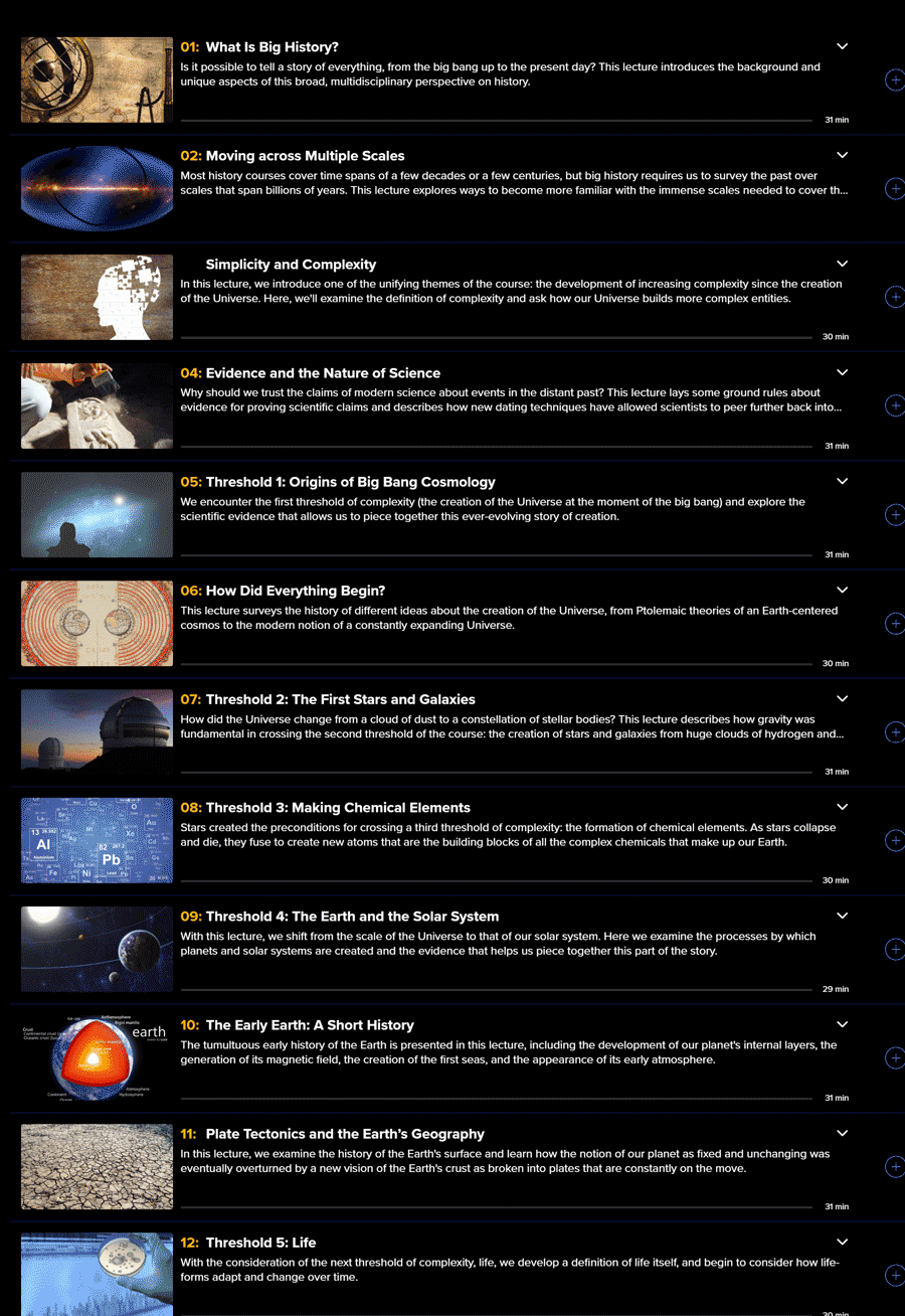 Course topics · The Great Courses Plus — Big History: The Big Bang, Life on Earth, and the Rise of Humanity 2025-11