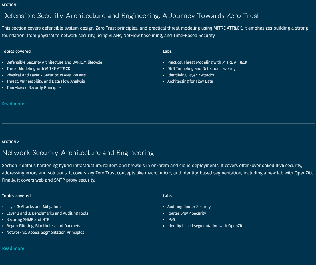 Course topics · SANS — SEC530 Defensible Security Architecture and Engineering 2025-6