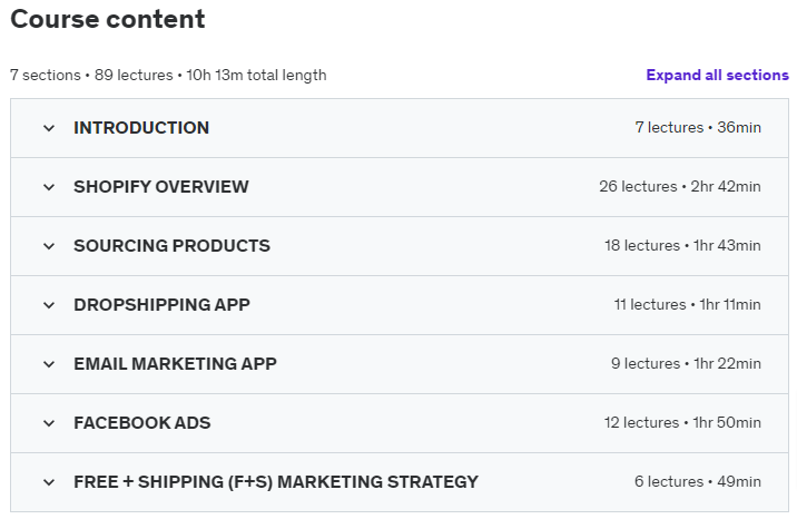Course topics · Build Your Own Dropshipping Business in 2024. Real Results! 2024-4
