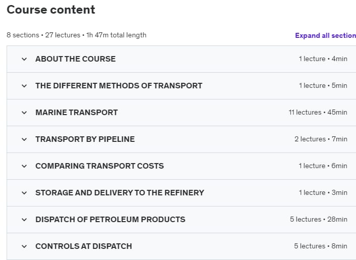 Course topics · Udemy — Logistics of crude oil and petroleum products – Oil and gas 2021-4