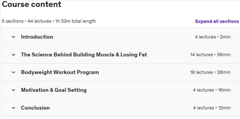 Course topics · Udemy — Science-Based Bodyweight Workout: Build Muscle Without A Gym 2024-4
