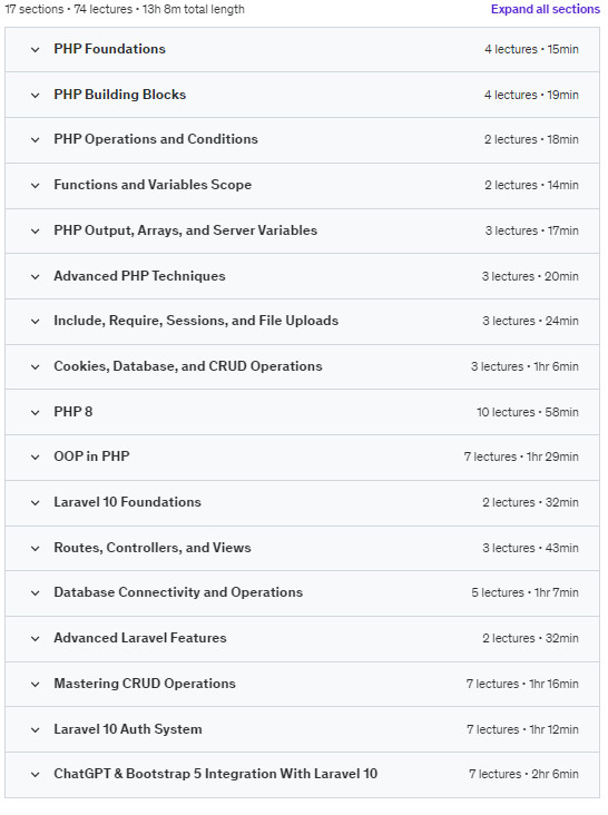 Course topics · Udemy — Mastering PHP & Laravel 10: Real-Time Projects Bootcamp 2023-10