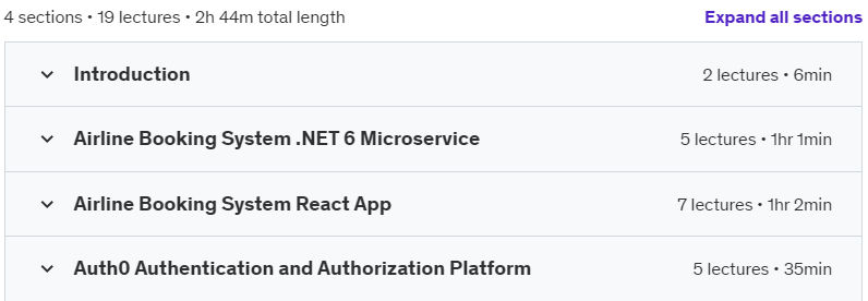 Course topics · Udemy — Airline Booking System React .NET 6, Auth0 2024-4