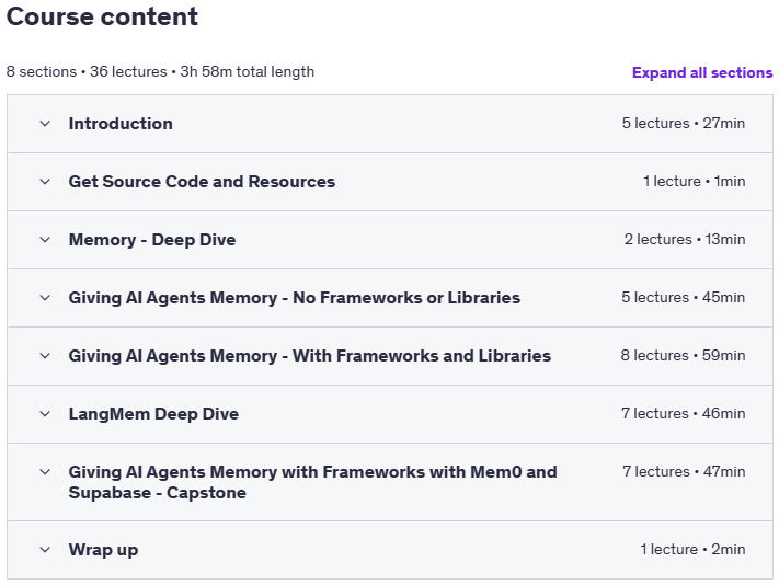 Sujets du cours · Construire AI Agents avec mémoire - Guide complet 2025-4