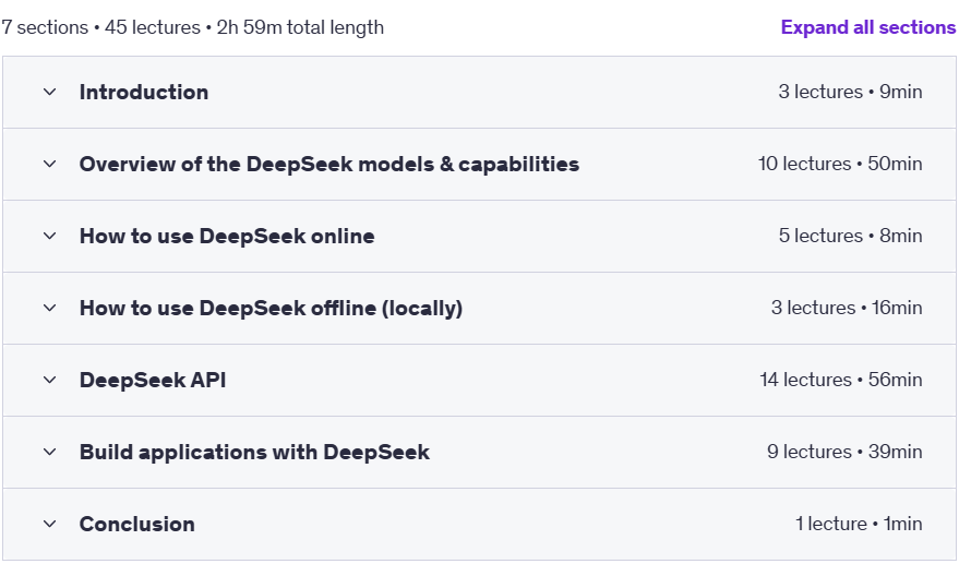 Course topics · Udemy — DeepSeek AI for Developers 2025-2