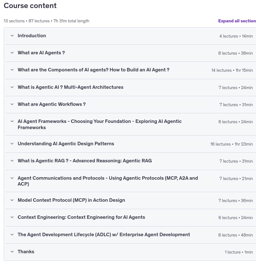 Course topics · Udemy — Agentic AI Architectures with Patterns, Frameworks and MCP 2026-6