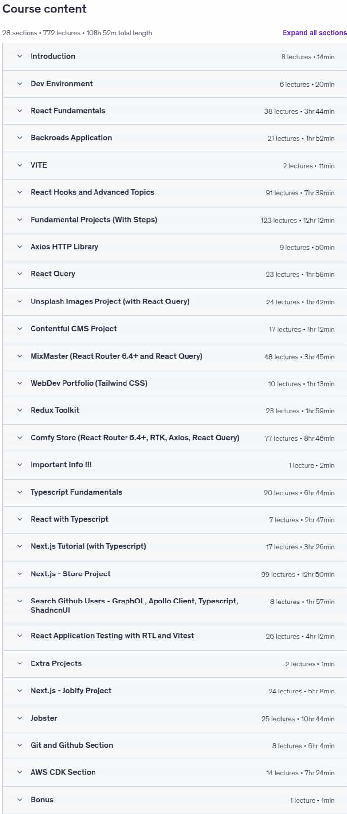 Course topics · Complete React, Next.js & TypeScript Projects Course 2025 2025-8