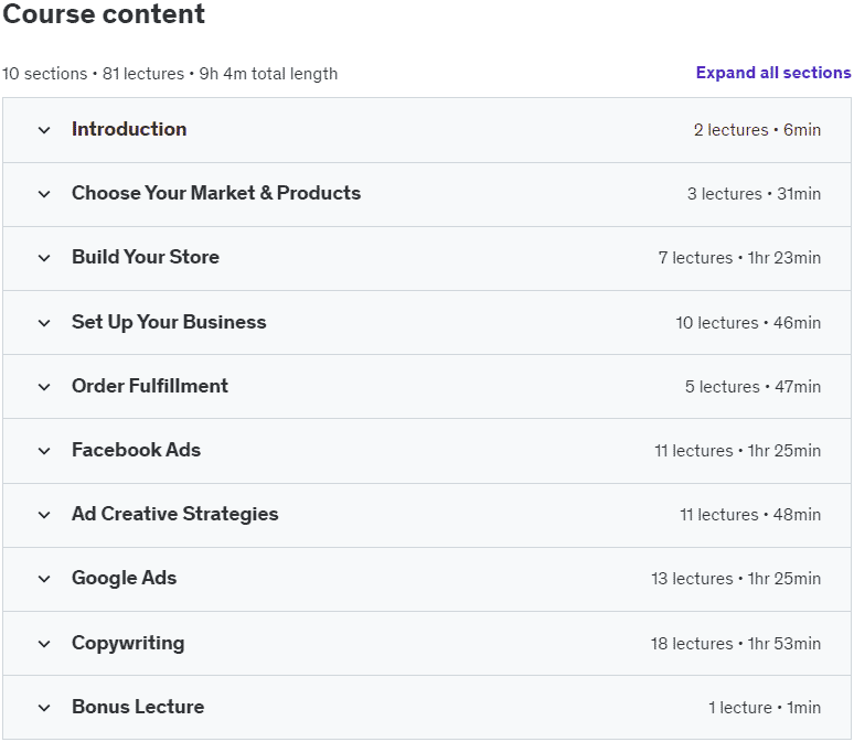 Course topics · Udemy — The Complete Shopify Dropshipping Masterclass 2024 2024-7