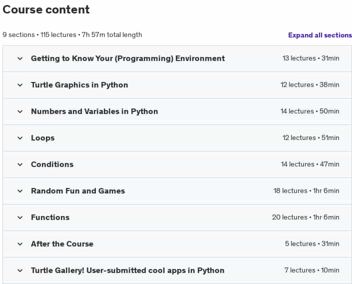 Course topics · Teach Your Kids to Code: Learn to Program Python at Any Age! 2023-8